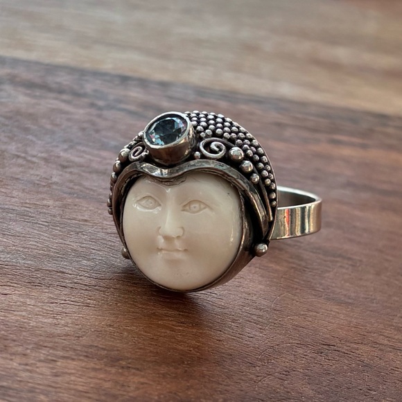 Sterling Silver and Carved White Bone Moon Face Ring Adjustable - Picture 1 of 8